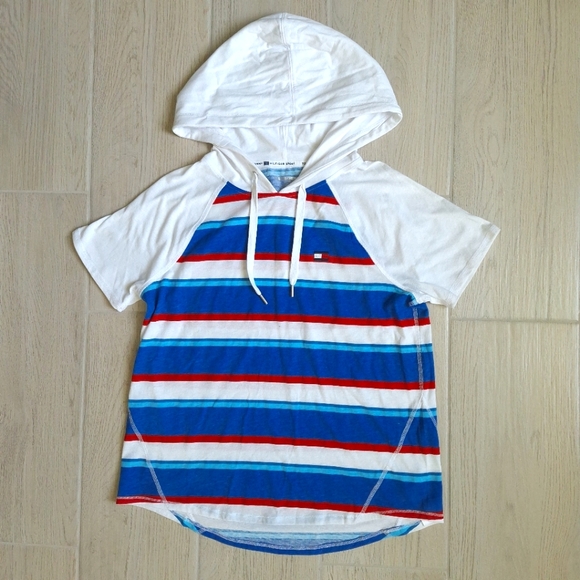 Tommy Hilfiger Sport Short Sleeved Red/White/Blue Striped Hoodie - Size Medium - Picture 1 of 9